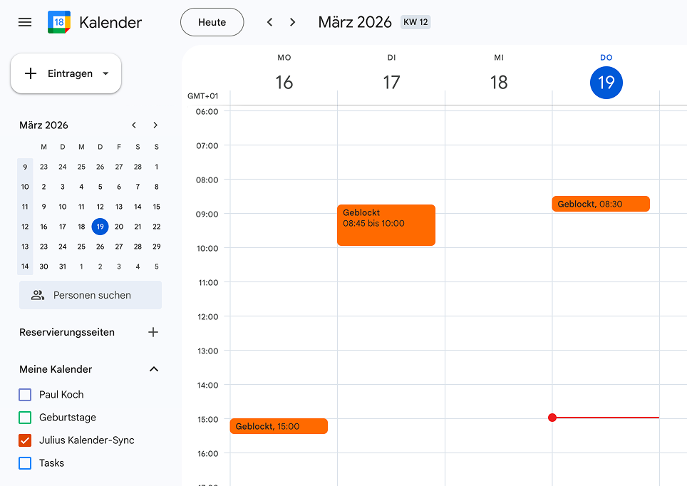 Google Calendar mit synchronisierten Geblockt-Events von Kalender Sync